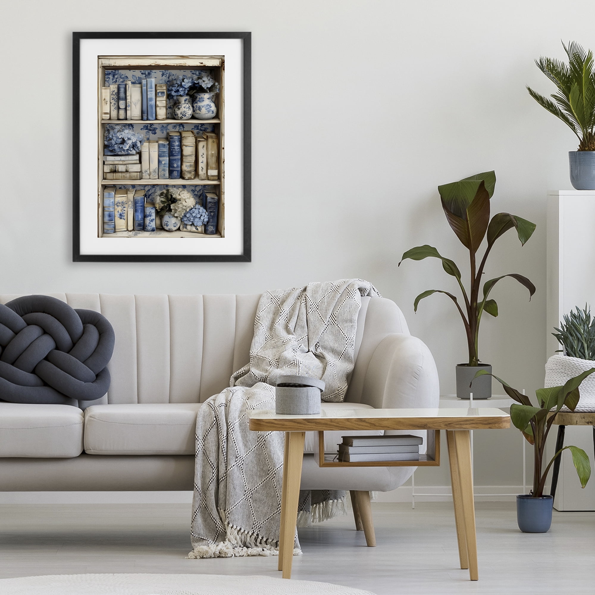 Stupell Industries Blue & Beige Bookcase Black Framed Print Under Glass, design by LSR Design Studio