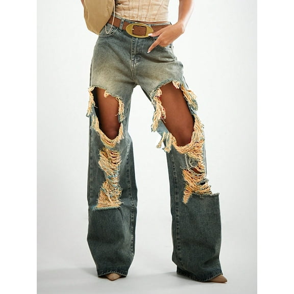 Women's High - Waisted Distressed - Leg Jeans Fashion Street Style Trend Vintage Washed Jeans Y2K hip-hop rock trend payment Extreme Ripped Design Cotton Denim Loose Fit