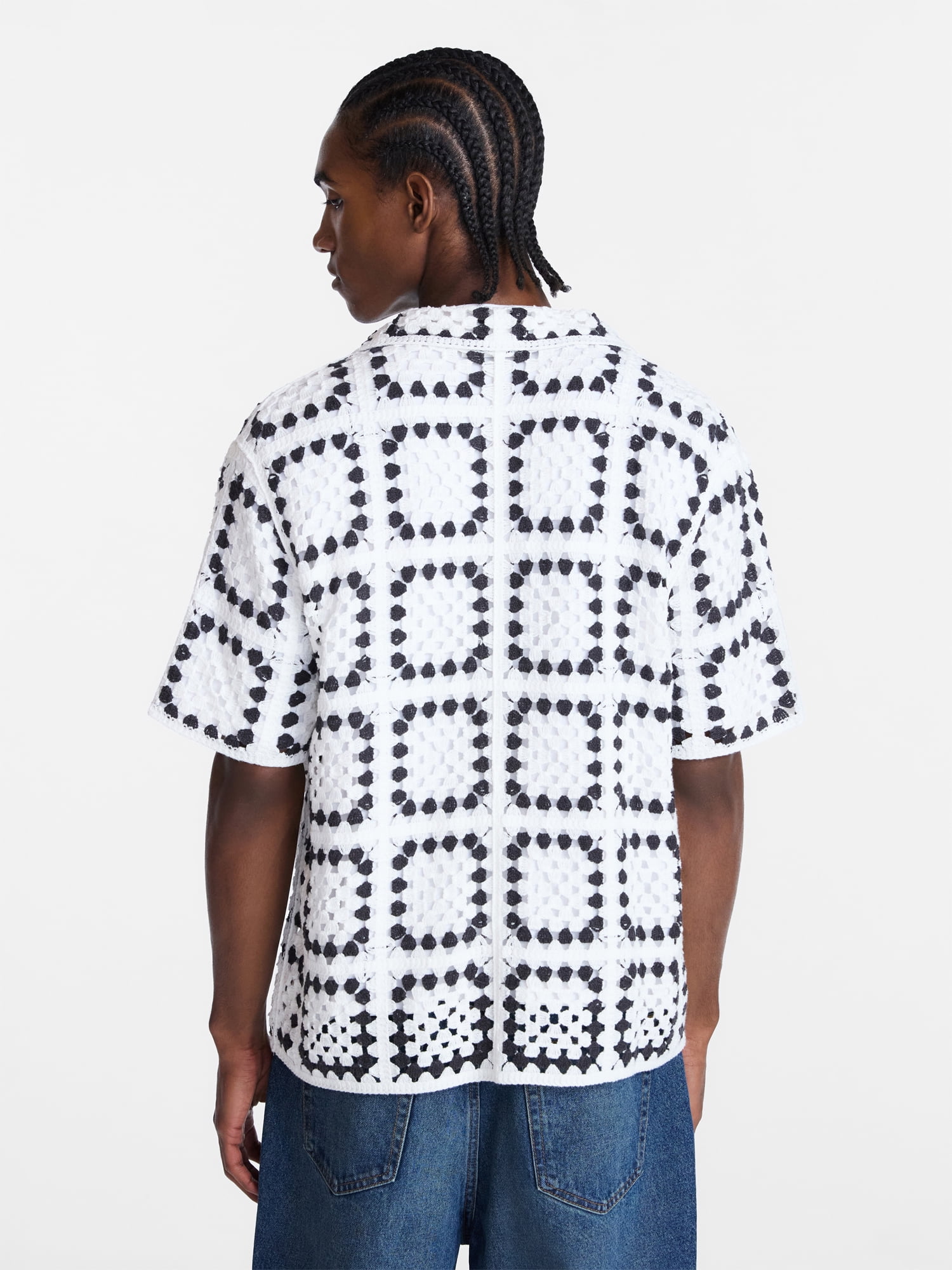 No Boundaries Men's Faux Crochet Pattern Boxy Fit Button Through Sweater Polo, Sizes XS-3XL
