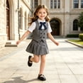 thumbnail image 2 of WAYUTE Girls 3 Piece School Uniform Outfit Sleeveless Button Front Vest and Pleated Skirt with Bow Tie Kids Formal Clothing Set Casual Daily Wear,Grey,Size 9-10 Y, 2 of 5