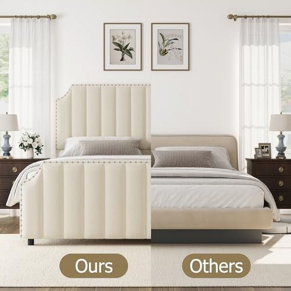 Huisuilinss Queen Bed Frame,Upholstered Platform Bed Frame,Velvet King Size Bed Frame With Nailhead Trim Headboard & Footboard,No Box Spring Needed,Noise Free,Wooden Slats
