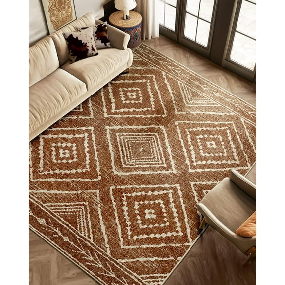 Area Rug 5x7 Rug Machine Washable Non-Slip Low Pile Print Pattern Western Rug for Living Room Bedroom Entryway Series -Yellowbrown/Cream