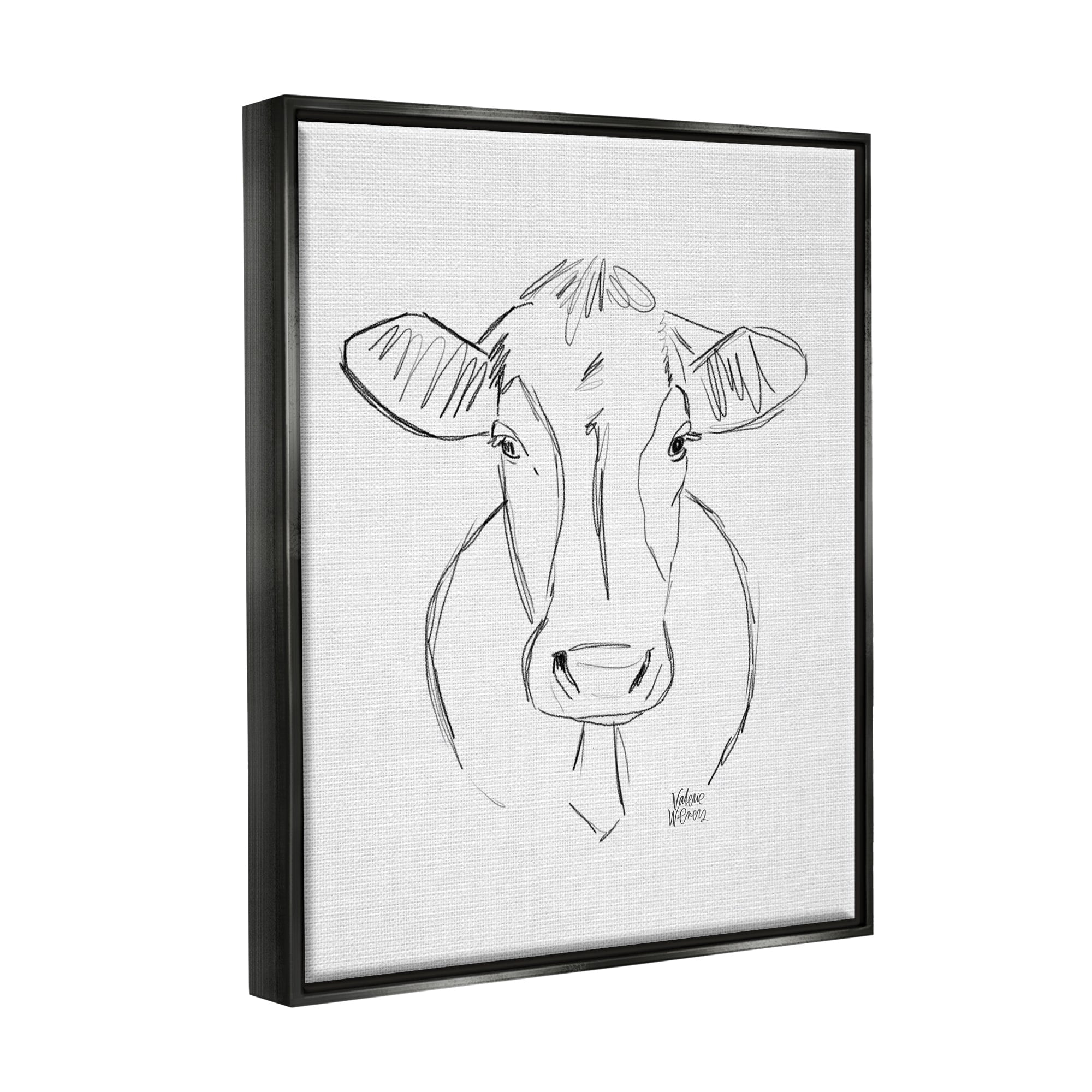Stupell Industries Farm Cattle Cow Pencil Sketch Drawing Portrait Drawing Print Jet Black Floating Framed Canvas Print Wall Art, Design by Valerie Wieners
