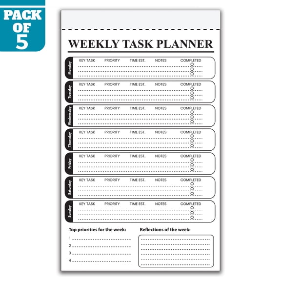 Weekly Task Planner Notepad 5.5 x 8.5 Inch, Pack of 5 Weekly Planning Pads, 50 Sheets Per Pad, Priority Task Organizer with Time Tracking for Home, Office, School, Made in USA