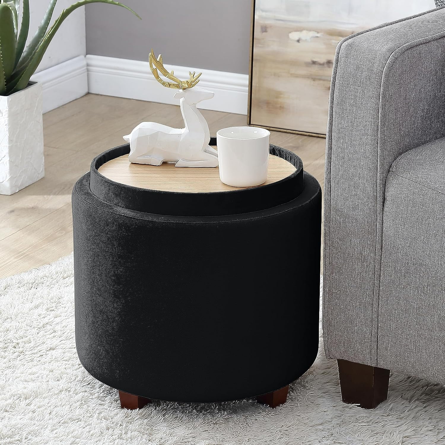 Ornavo Home Lawrence Round Storage Ottoman with Lift Off Lid and Tray ...