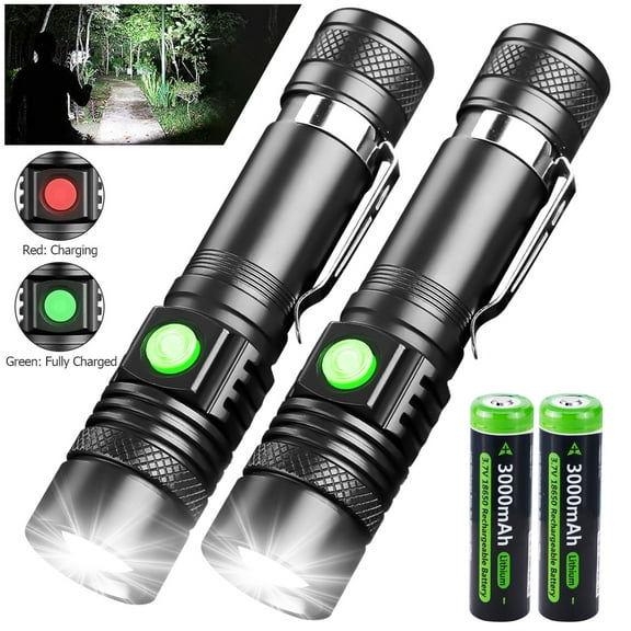 2Pack LED Flashlight Rechargeable Flashlights 2000 Lumens Super Bright Pocket-Sized Torch with Clip&Battery for Hiking Camping