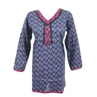 Mogul Peasant Tunic Top Printed Purple Cotton Boho Fashion Summer Blouse for Women's L