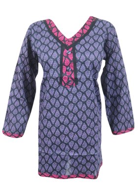 Mogul Peasant Tunic Top Printed Purple Cotton Boho Fashion Summer Blouse for Women's L