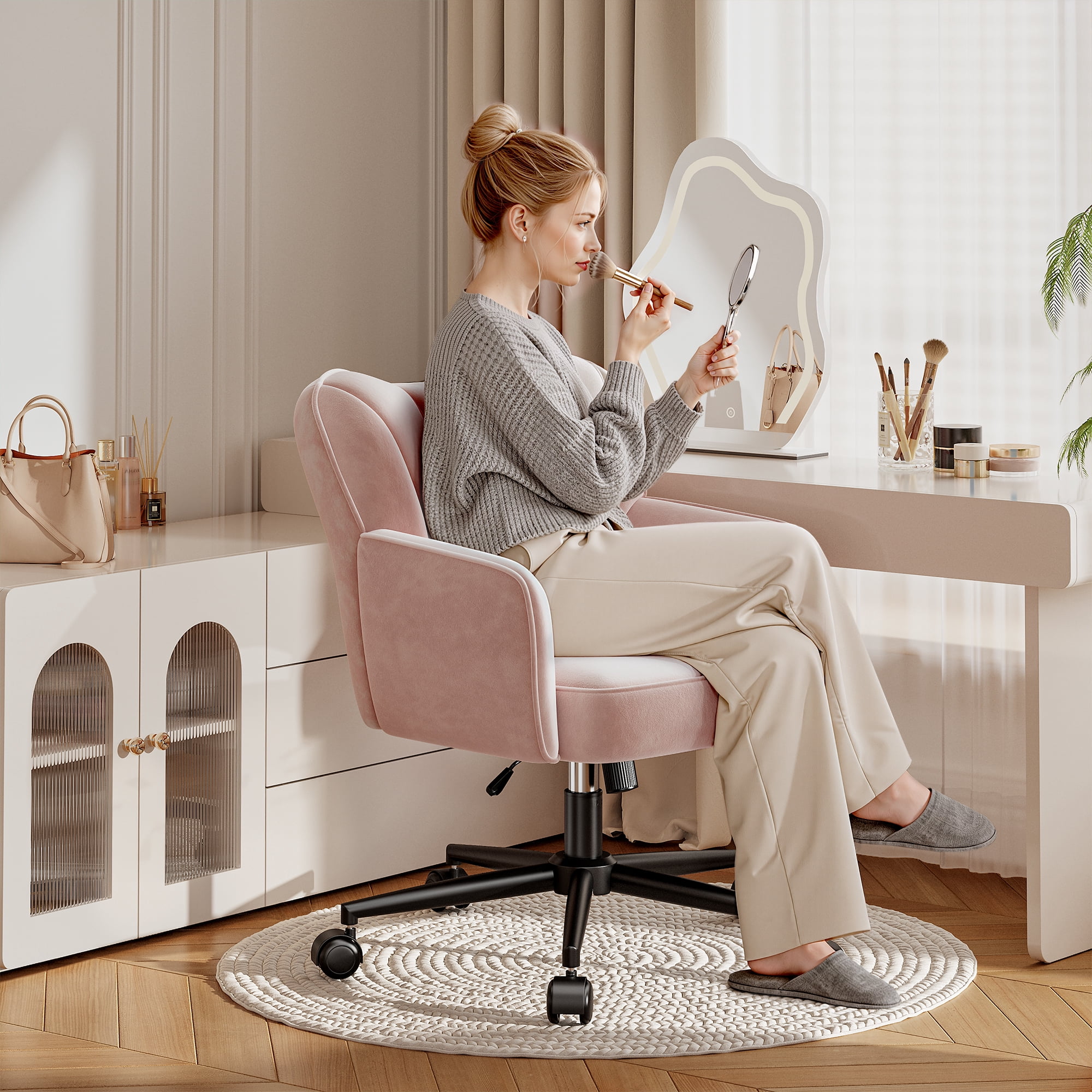 Romorgniz Vanity Chair with Wheels & Back Desk Chair Adjustable Height for Makeup, Work & Relaxation, Pink