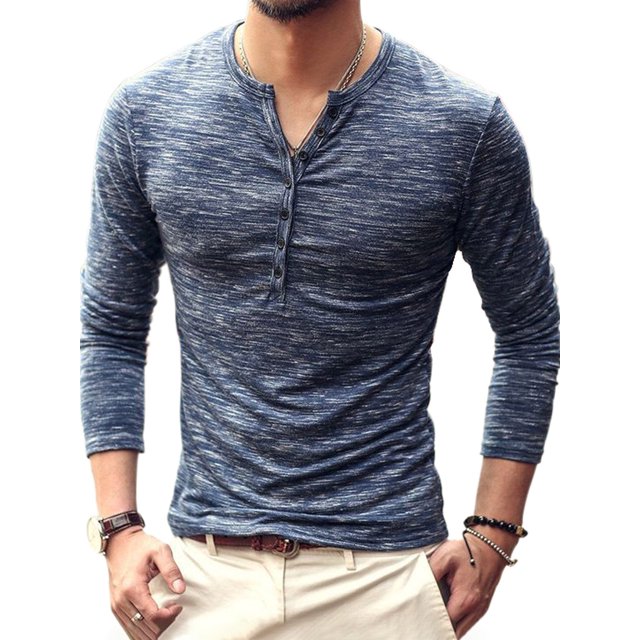 T-Shirt Homme Col Rond à Manches Longues, Bleu, XXL