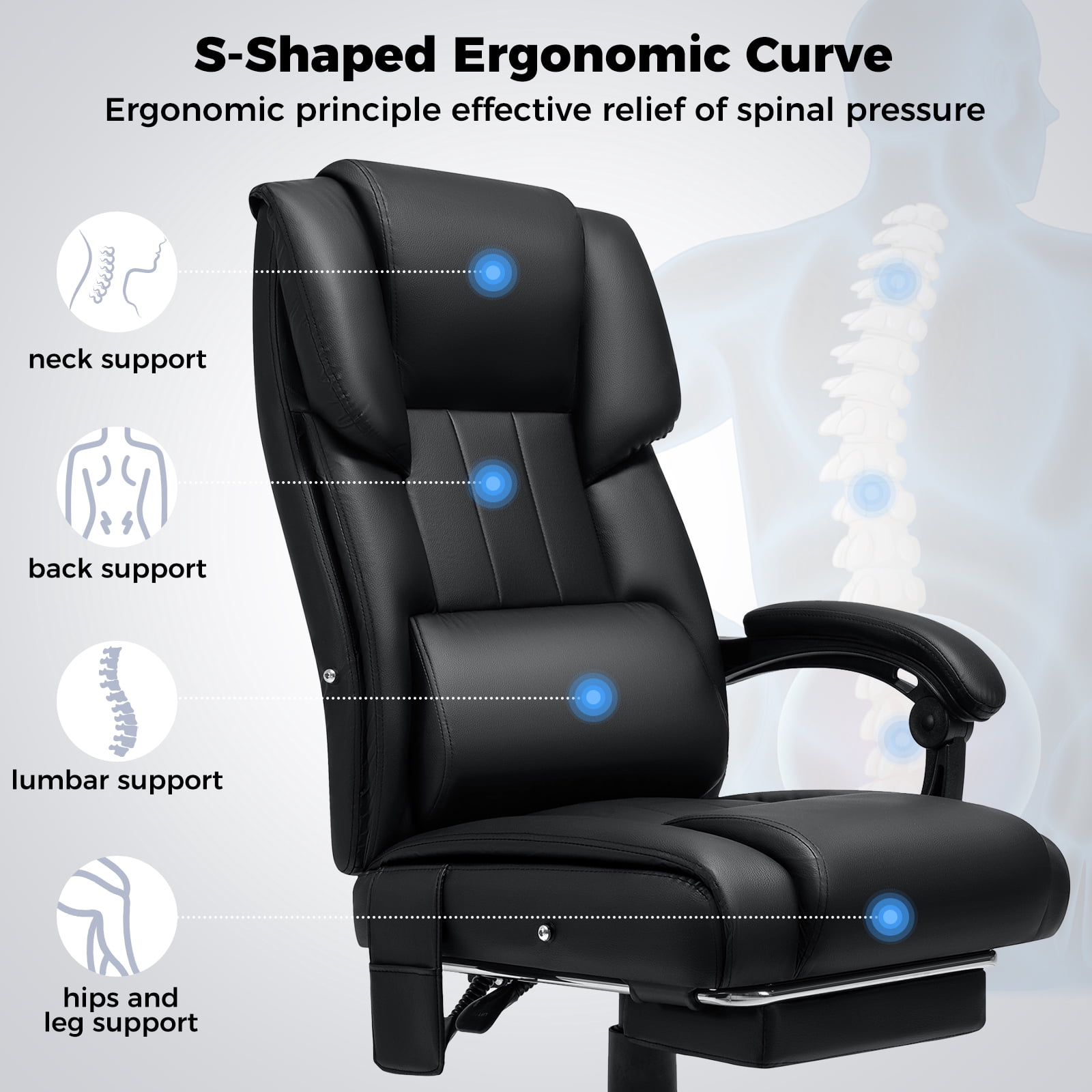 Hoffree Massage Office Chair with Heat Home Office Desk Chair with Retractable Footrest High Back Executive Leather Chair Reclining Office Chair with Lumbar Back Support for Office