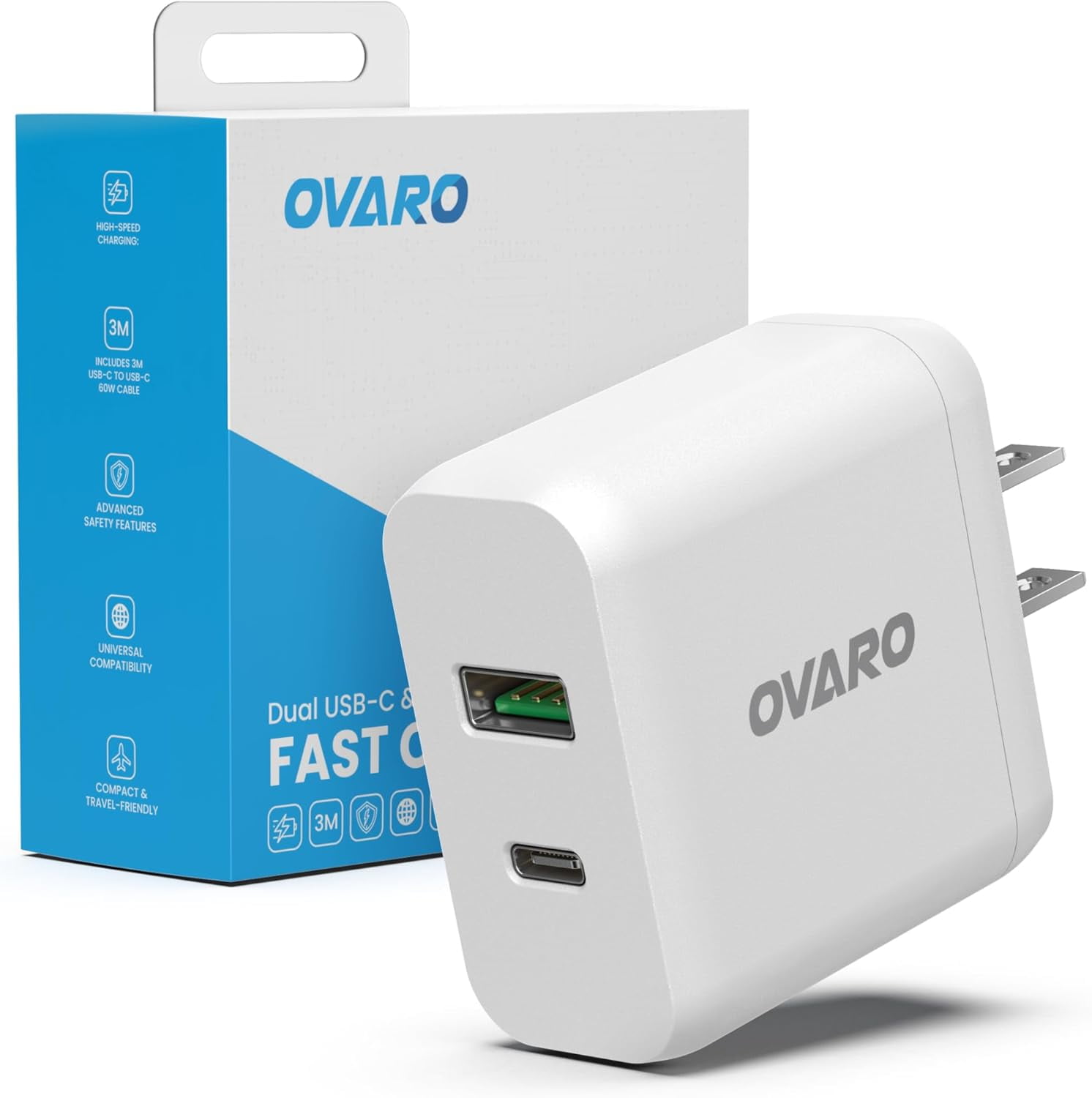 RGHJAR-45W Type-C Fast Charger + 3m USB-C Cable, Dual USB-C/USB-A PD Wall Adapter for iPhone 17/17 Pro Max, New iPad Pro Air, Samsung Galaxy S24/S25 &More– Fast Charging, Overcharge Protection