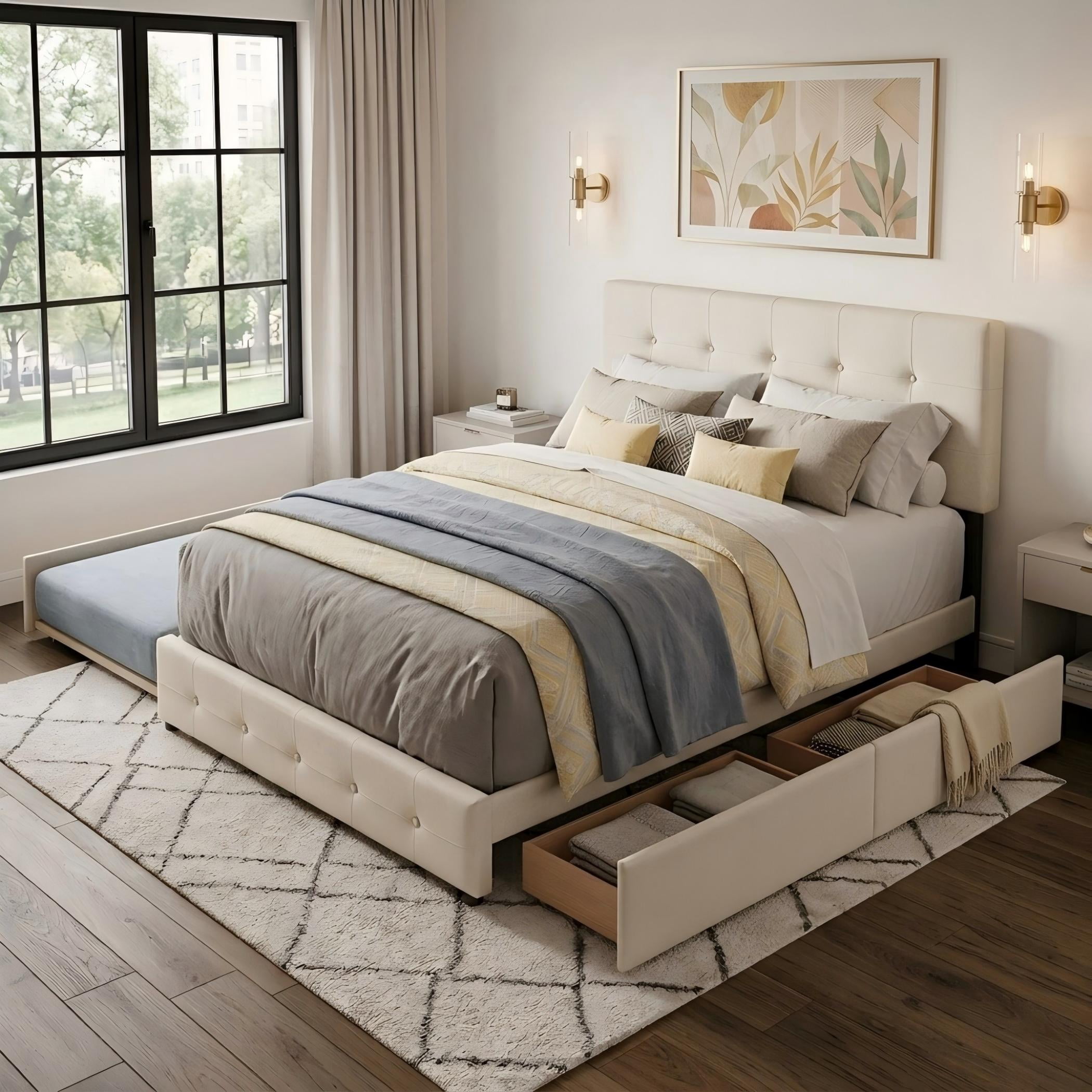 Aukfa Queen Upholstered Platform Bed with Twin XL Trundle and 2 Storage Drawers, Linen Fabric Tufted Headboard & Footboard, Beige