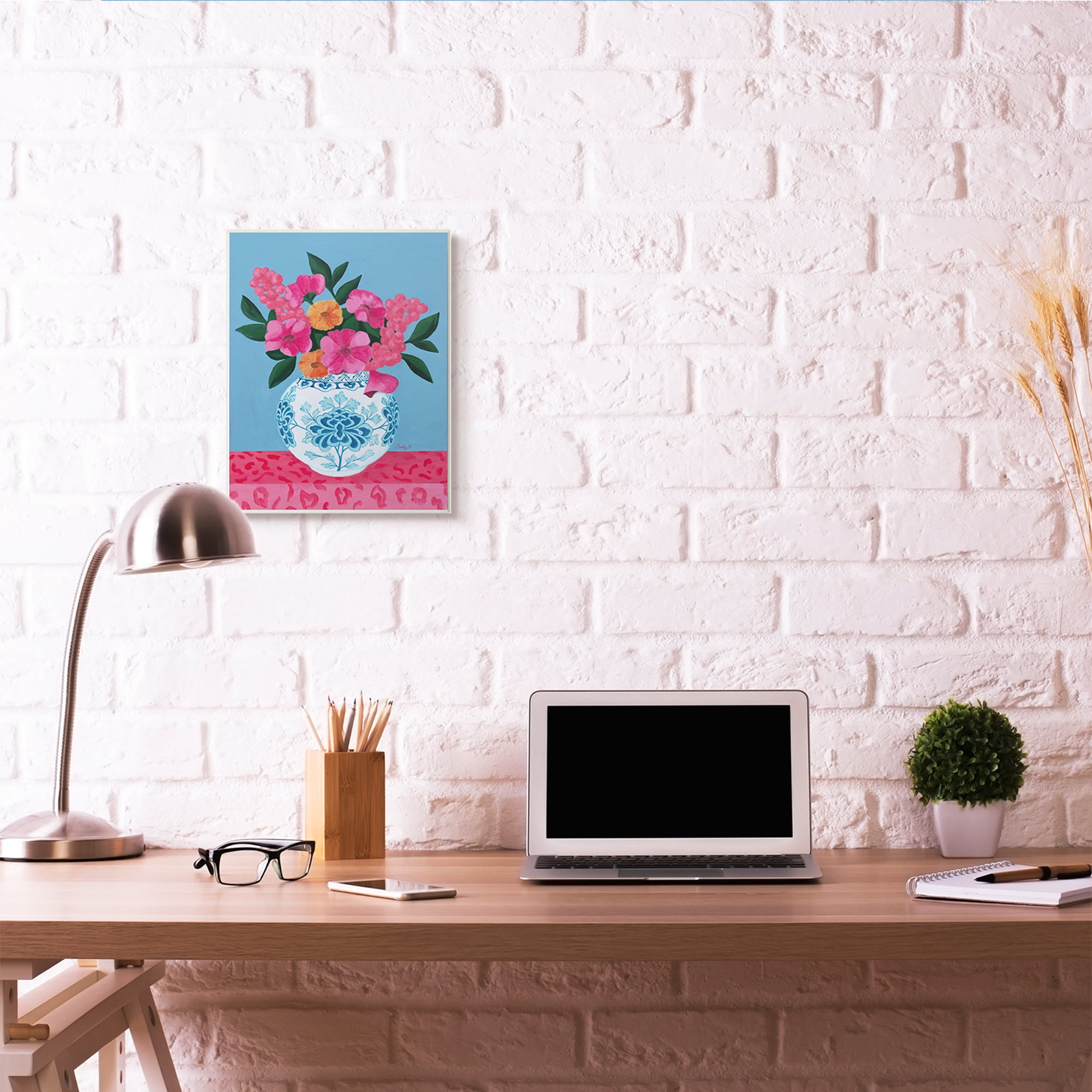 Stupell Industries Flower Vase Pink Blue Painting Wall Plaque by Sally B, 13" x 19", Wall Plaque
