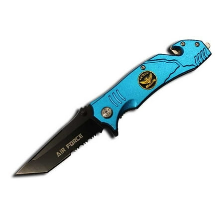 Air Force Rescue Knife - Rogue River Tactical Rescue Assisted Opening Air Force Blue Knife Half Serrated Tanto Blade