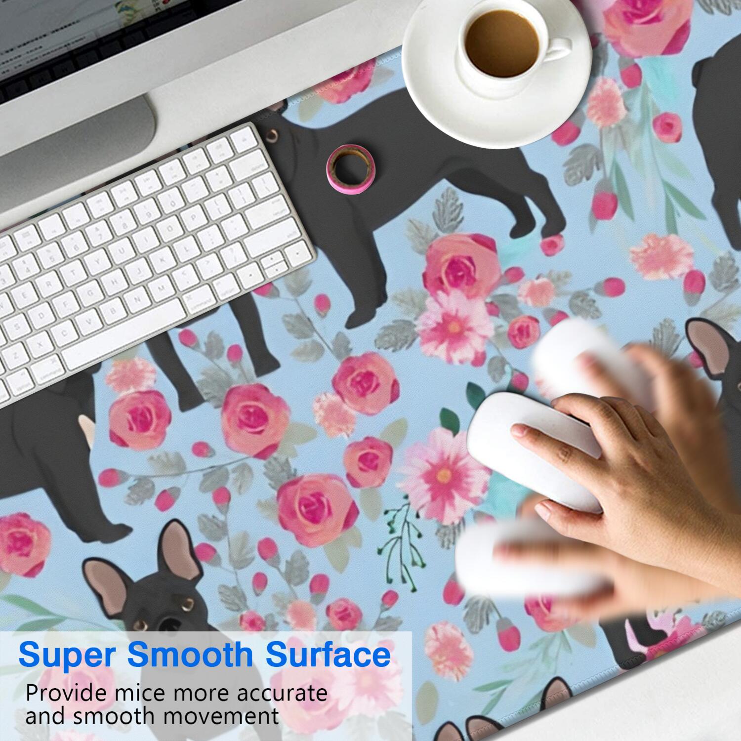 Long Mouse Pads for Desk,French Bulldog and Flower Desk Mats on Top Of Desks, Desk Mouse Pad Extra Large with 3mm Non-Slip Base and Stitched Edge for Gaming,Office,Work,Home 47.3"x23.6"