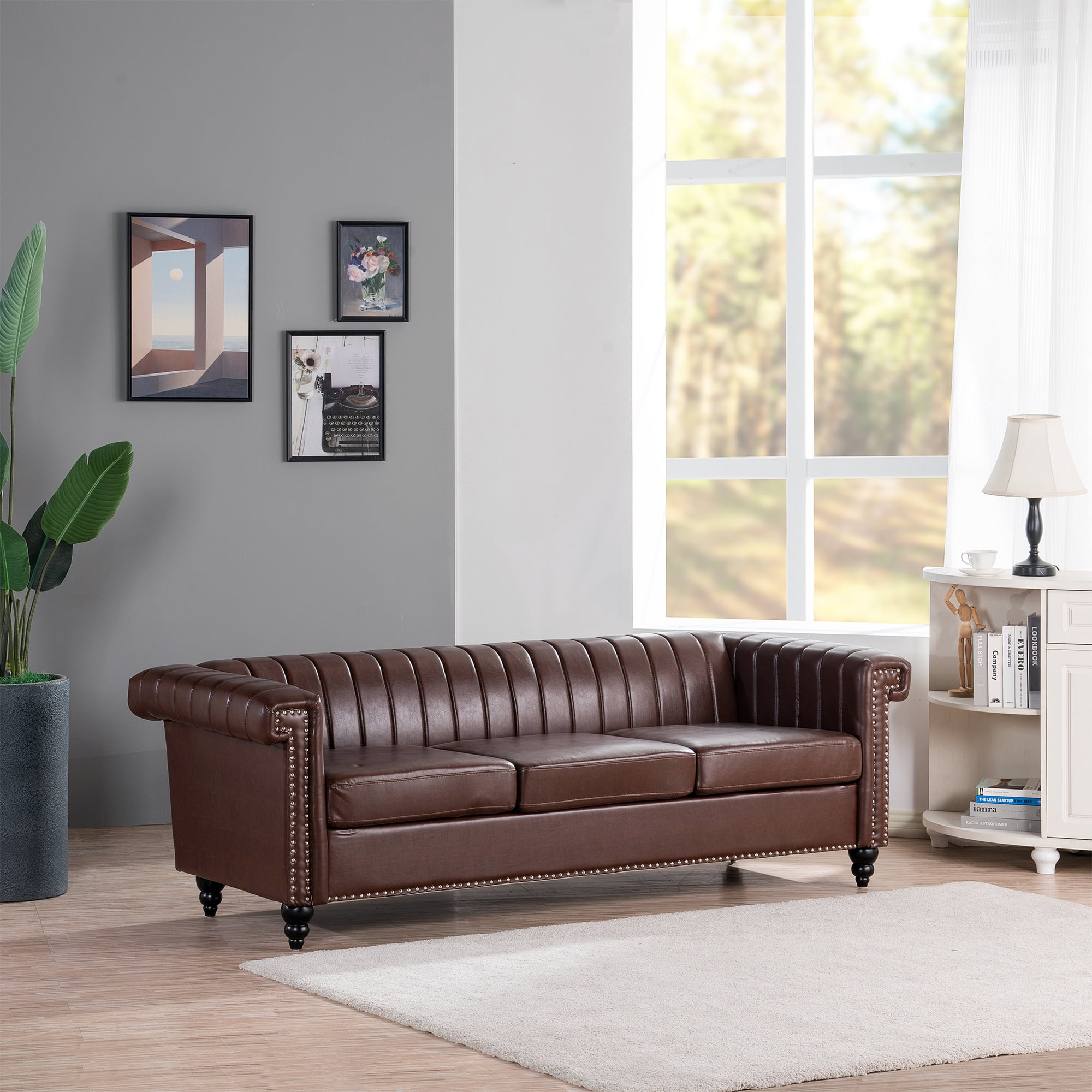 Kadyn 83.66" Removable Cushion 3 Seater Sofa, Modern Pu Sofa for Living Room, Upholstered Pu Sofa Couch with Traditional Square Arm, Dark Brown
