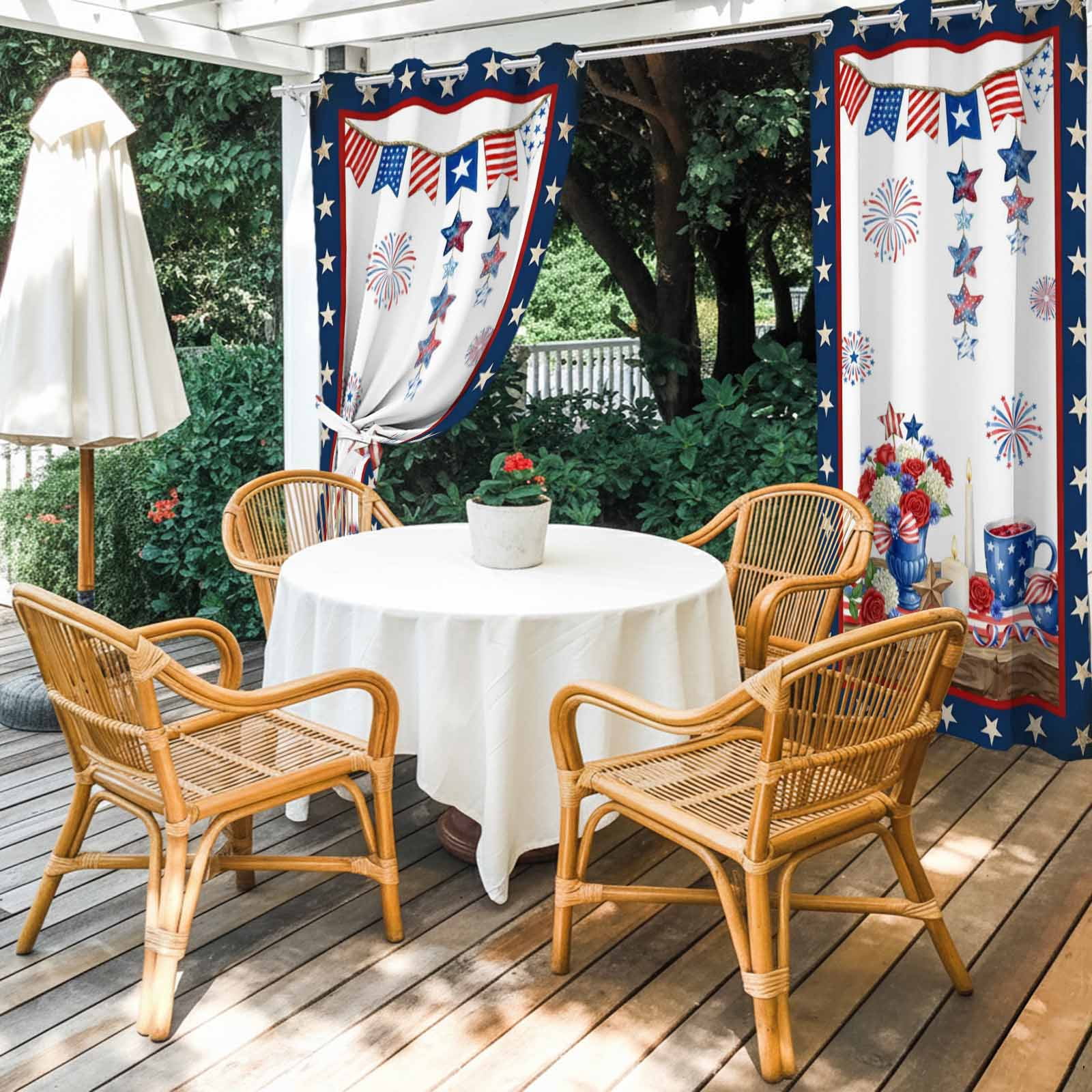 Independence Day Outdoor Curtains for Patio, Retro Red Blue USA Flag Floral Star Sunshade Privacy Drapes Grommet Waterproof Outside Curtains for Porch/Cabana/Balcony 54"x 108", 1 Panel