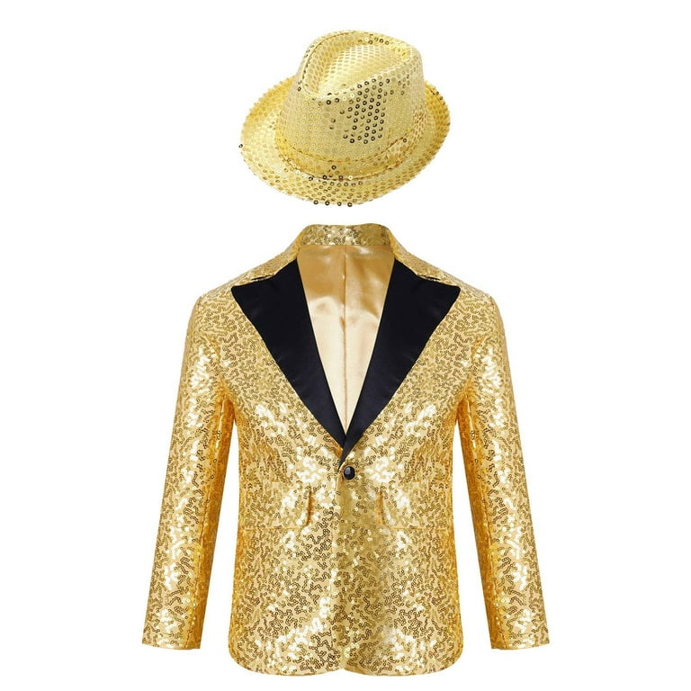Msemis Kids Boys Shiny Sequin Suit Jacket Party Blazer Dance Tuxedo Costume with Hat,Size 6-16 Blue 16, Boy's