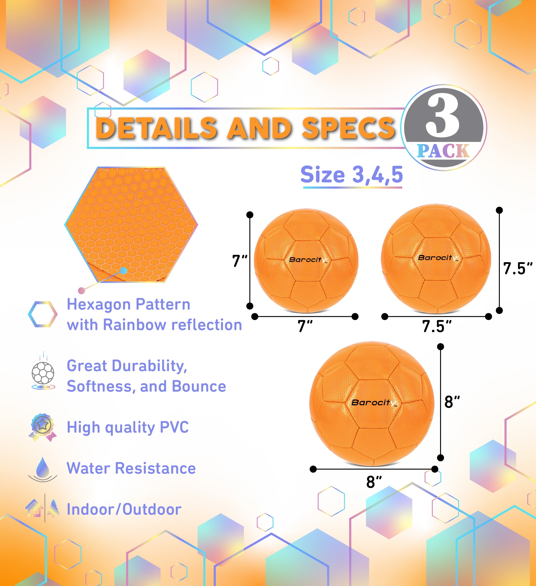 Barocity Iridescent Soccer Balls Set of 3 - Mixed Sizes Orange Official Match Balls with Reflective Hex Pattern, Sport Soccer Balls for Indoor and Outdoor Training and Practice Games- Sizes 3, 4 and 5