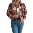 thumbnail image 2 of Women'S Long Sleeve Cropped Flannel Plaid Shacket Button Down Plaid Crop Short Jacket Coat Orange S, 2 of 10