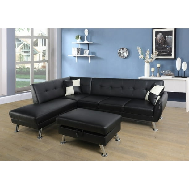 Ponliving Furniture Maghin 104 Black Leather Sectional Sofa With Storage Ottoman Right Hand Facing Com Ponliving Furniture Maghin 104 Black, Deep Seat Leather Sectional Sofa