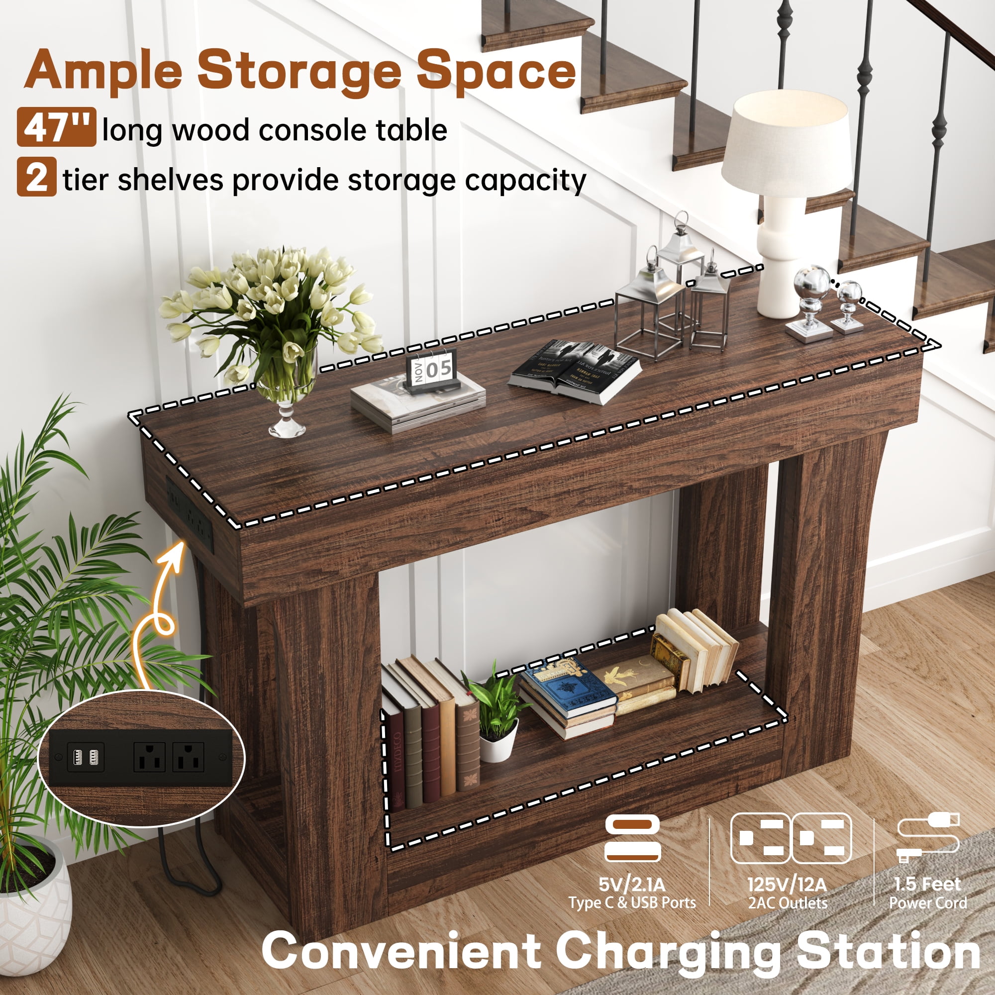 47" Long Console Table for Entryway with Charging Station, Wooden Foyer Hallway Table, Industrial Console Sofa Table for Living Room, Brown