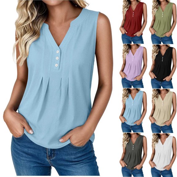 VBVC Women's Cotton Linen Sleeveless Blouse , Ladies' Half Button Pleated Tank Top , Casual V Neck Summer Shirt For Women, *Light Blue , Large