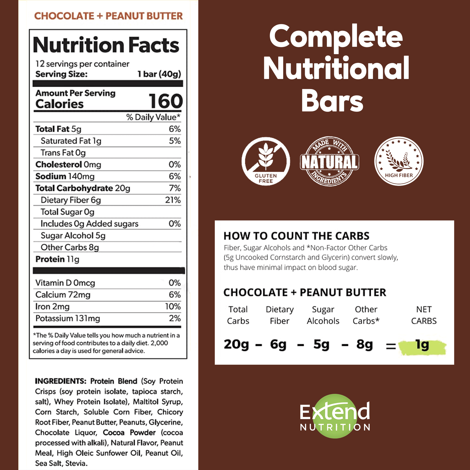 Extend Bar Protein Bars, Sugar Free, Low Carb, Keto, Chocolate Peanut Butter, 12 Ct
