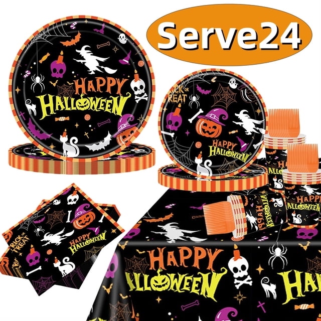 Platos de papel de Halloween para decoración de fiesta de Halloween, vasos desechables, servilletas, mantel para suministros de fiesta de cumpleaños de Halloween, 24 porciones