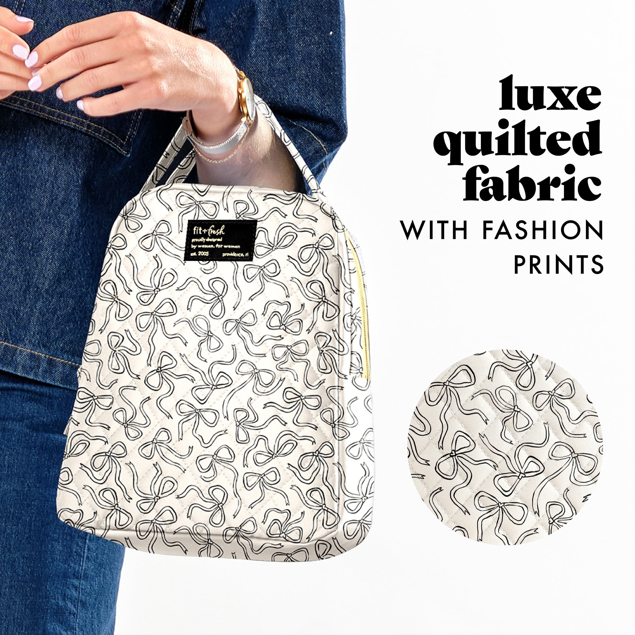 Fit & Fresh Evelyn Quilted Lunch Bag for Women, White with Black Sketched Bows