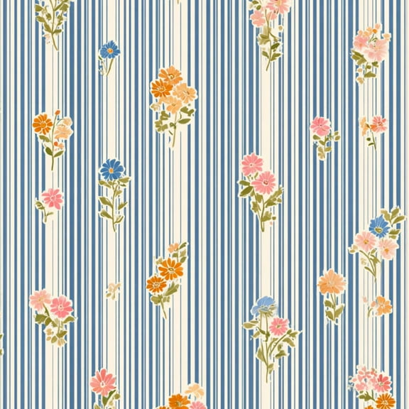 Cottagecore Peel and Stick Wallpaper 23.6in x 9.8ft Vintage Floral Blue Stripes Watercolor Flowers Contact Paper Vinyl Waterproof Self Adhesive Wall Paper for Bedroom Shelf Cabinet Renter Friendly