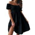 thumbnail image 1 of XDZJLR Womens Dresses Summer Bohemian Off Shoulder Cute Puff Sleeve Ruffle Flowy Beach Midi Dress, 1 of 7