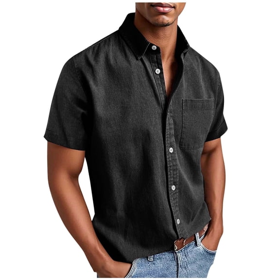Alkepwun Mens Button Down Short Sleeve Shirt Solid Color Casual Loose-Fit Collared Shirt with Pockets Lightweight Comfortable Breathable Top