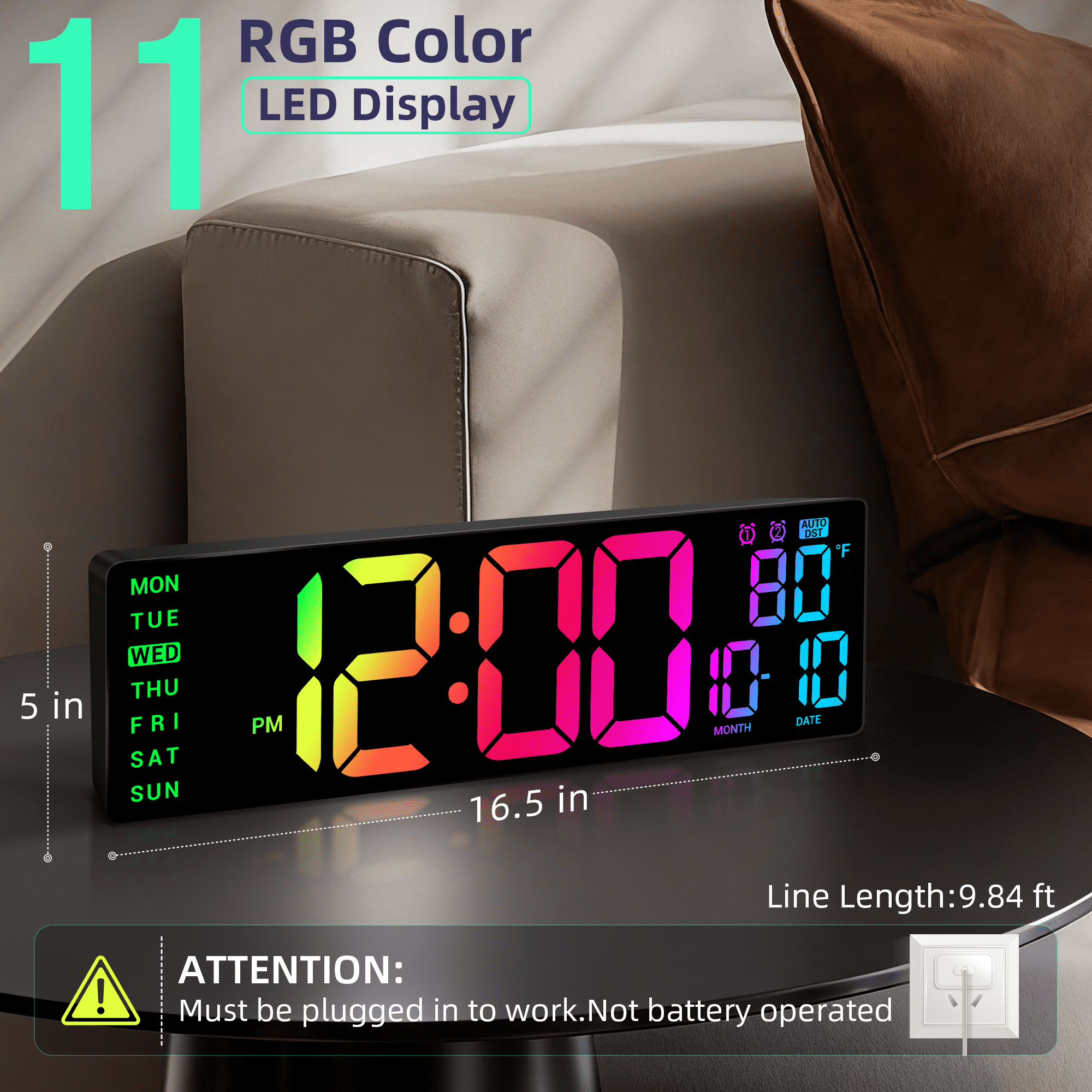 16.5" Large Digital Wall Clock: 11 RGB Color LED Display with Remote Control, Auto DST, Temperature & Date - Big Number Wall Clock for Seniors, Classroom, Office, Gym, Home Decor, Black