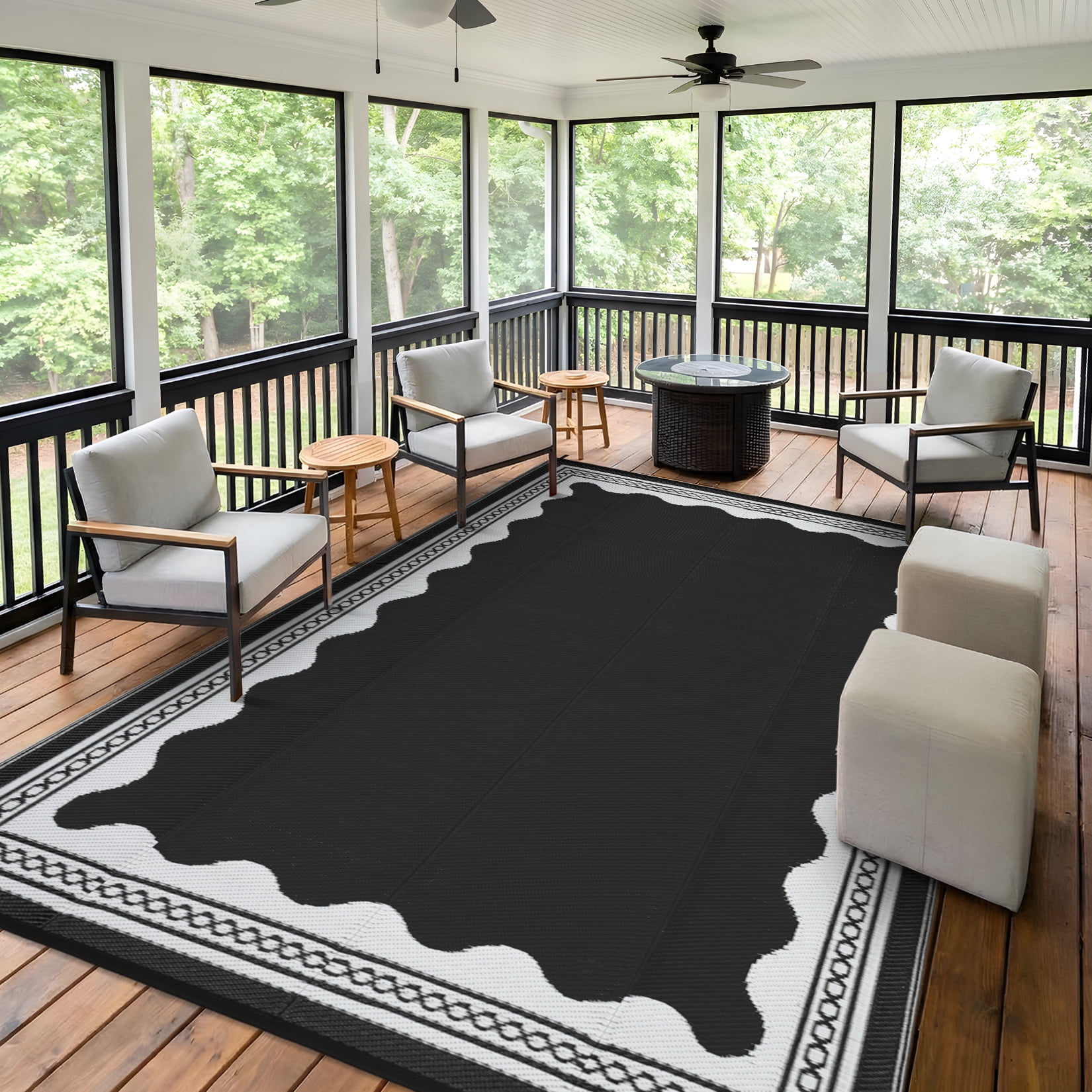 Garvee Outdoor Rug 8x10ft Modern Bordered Reversible Plastic Straw Rug, Waterproof RV Camping Rug Foldable Patio Rug for Deck Porch Balcony Backyard Picnic Beach, Black/White
