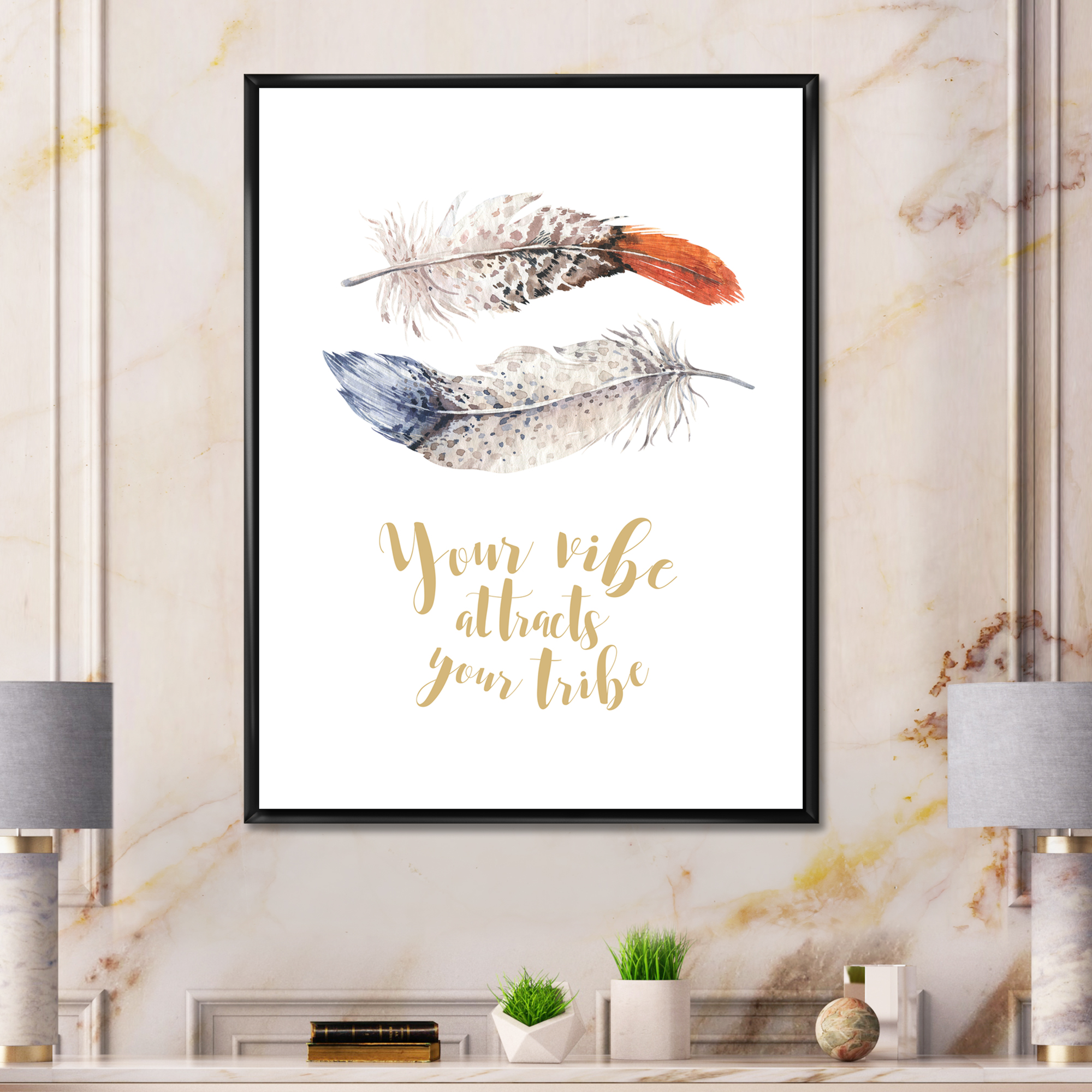 Designart 'Your VIbe Attracts Your Tribe Two Feathers ' Bohemian & Eclectic Framed Canvas Wall Art Print