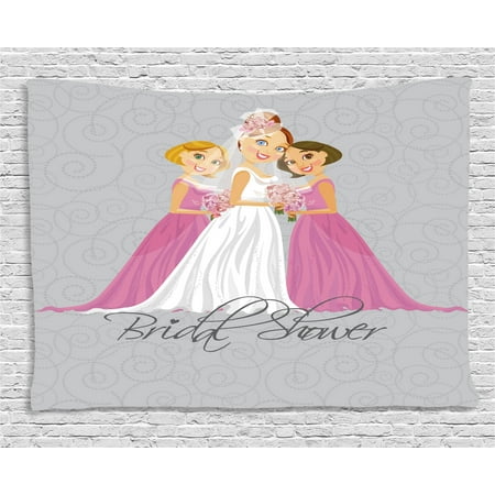 Bridal Shower Decorations Tapestry, Bride and Best Friends Bridesmaid on Floral Ivy Backdrop, Wall Hanging for Bedroom Living Room Dorm Decor, 60W X 40L Inches, Grey Pink and White, by