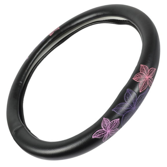 BDK GripGrab Comfort Grip - Purple & Pink Flowers Design on Black Synthetic Leather Steering Wheel Cover 15" - SW-538_AM