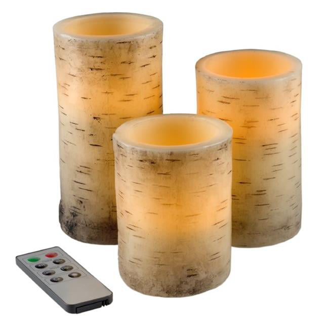 Birch Flameless Candles Bark Effect Battery Operated Pillar Real Wax Flickering 