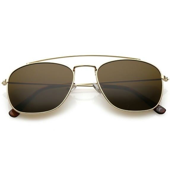 Classic Metal Square Lens Aviator Sunglasses Curved Crossbar 53mm (Gold / Brown)