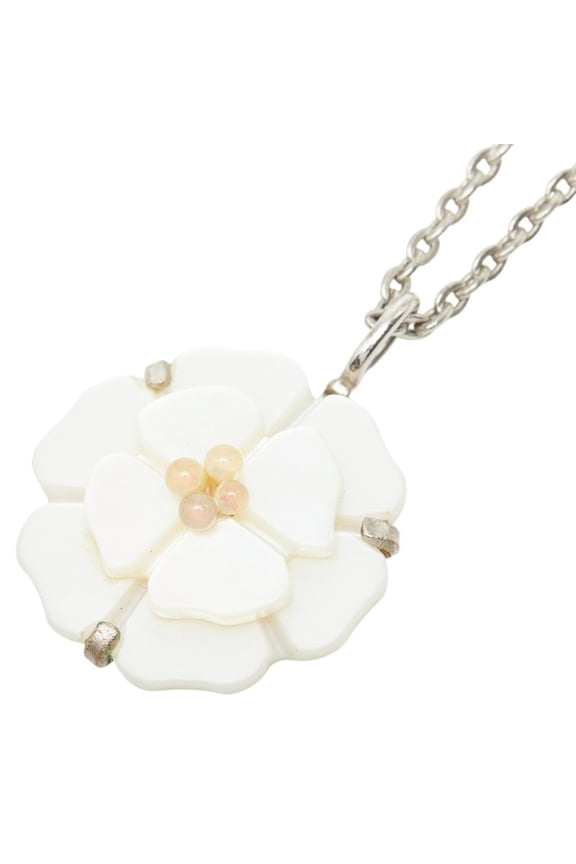 Pre-Owned Chanel Camellia Coco Mark Vintage Necklace Pendant 98A Silver White Shell Faux Pearl...