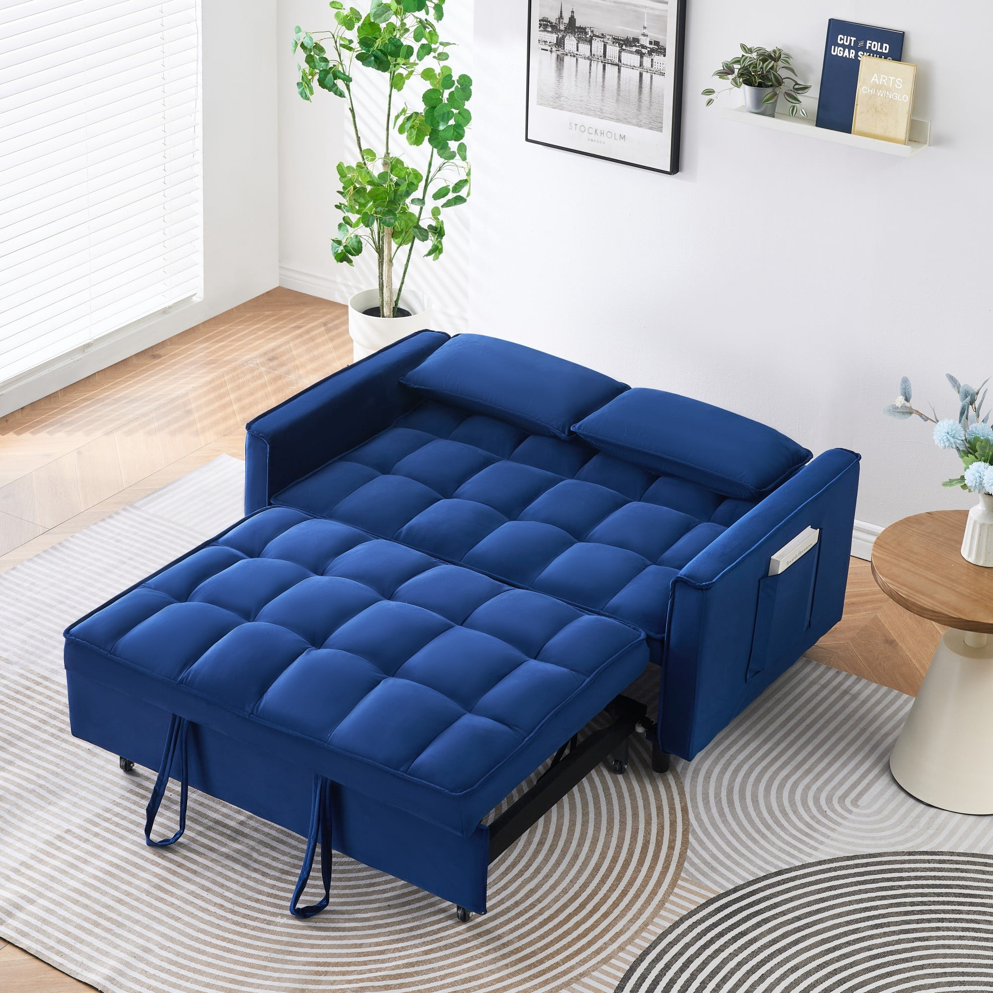 Gewnee 55''3 in 1 Convertible Modern Pull Out Couch Bed,Adjustable Backrest,Velvet Loveseat Futon Sofa with Pillows & Pockets for Living Room,Apartment.(Blue)