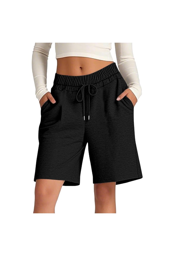 Women Athleisure High Waist Elastic Drawstring Half Shorts Knee Length Bermuda Shorts with Deep Pockets Fringe