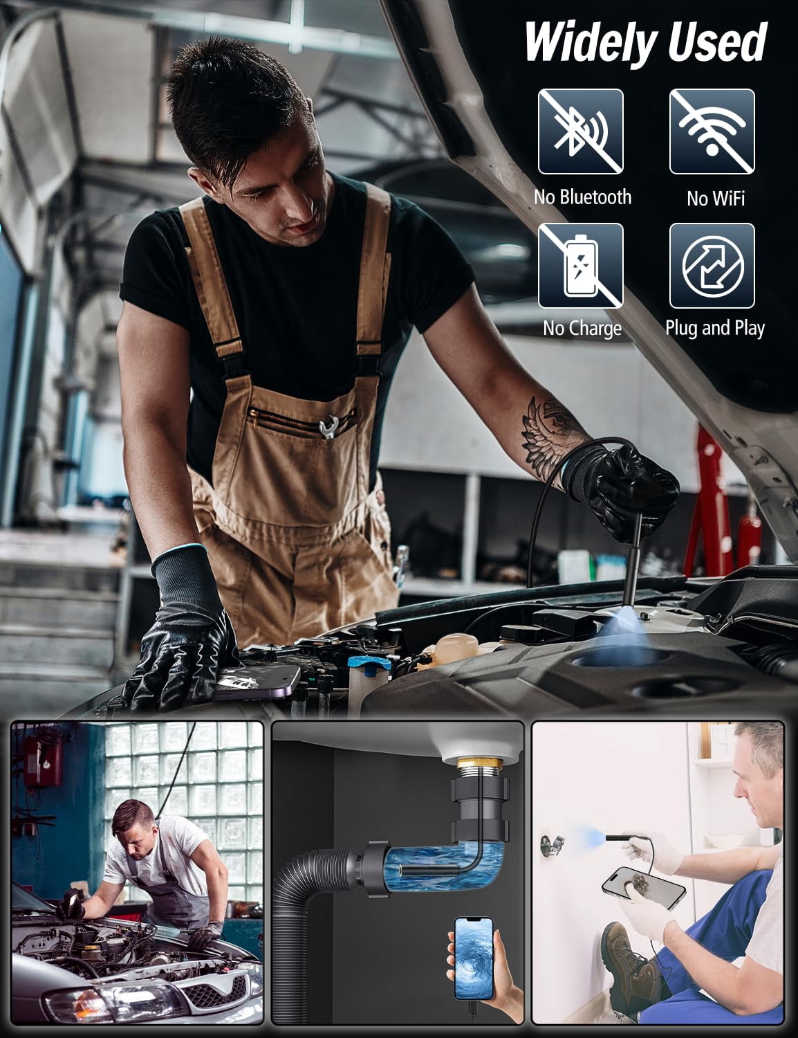 Endoscope Inspection Camera, 1920P HD Borescope with 8 Adjustable LED Lights, 32.8ft Semi-Rigid Snake Camera, IP67 Waterproof Drain Pipe Borescope Tool for iOS 9+ & Android 6+