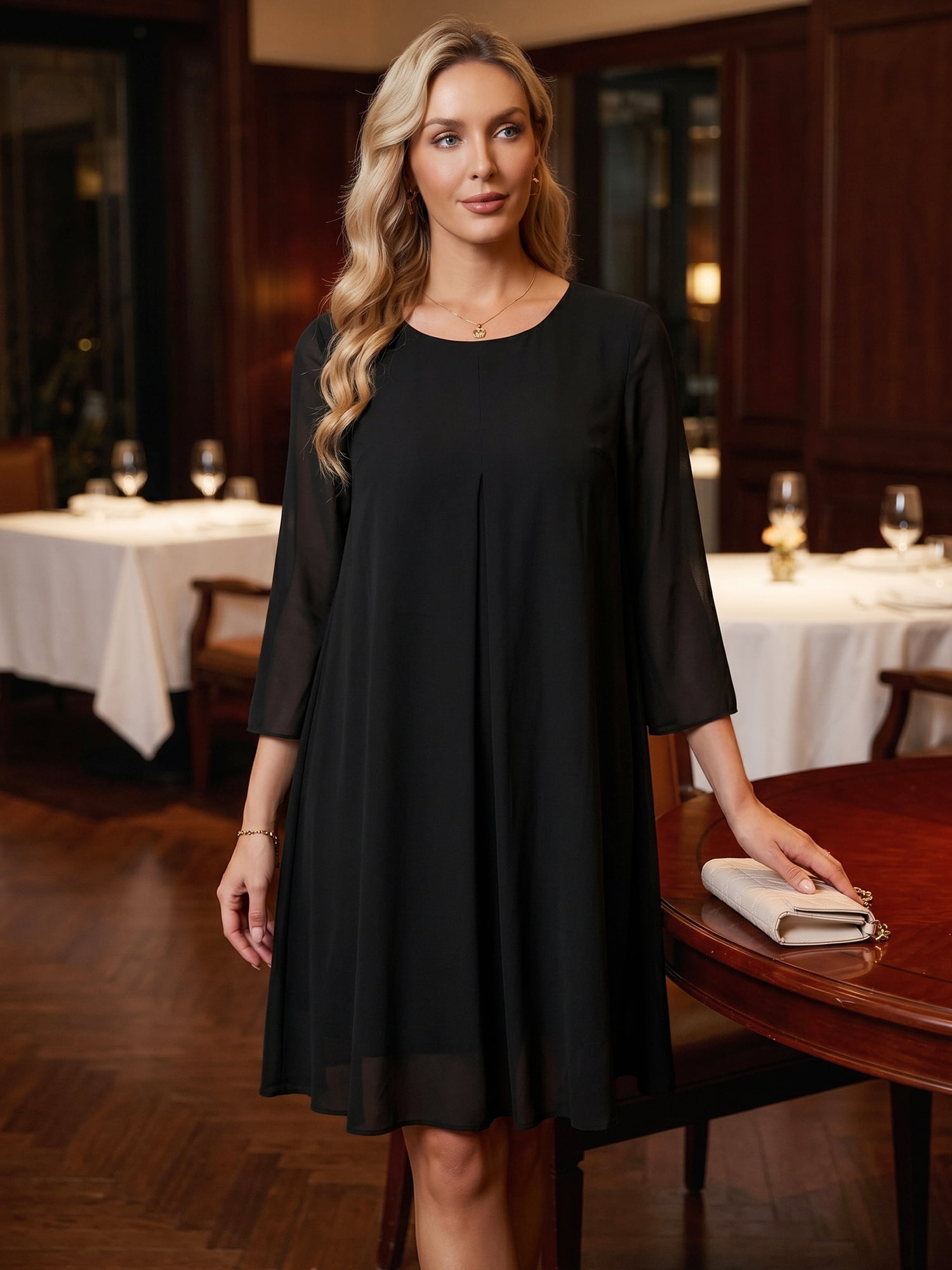DARING DIVA Women's Chiffon 3/4 Sleeve Flowy Wedding Guest Dress XL Black