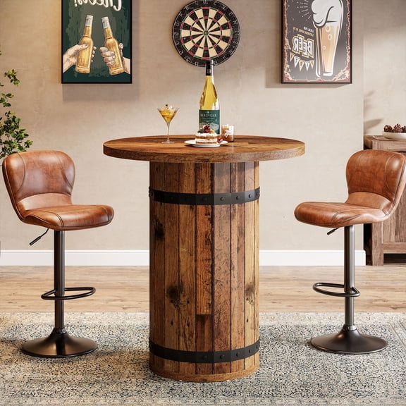 Finmind Round Bar Table, 39.4-inch Tall Counter Height Home Bar Unit, Bistro Pub Table for Kitchen, Living Room, Rustic Brown (Only Table)