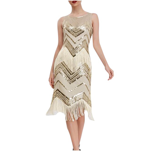 Cameland Robes pour Femmes Robe Vintage pour Femmes des Années 1920 à Paillettes et Perles avec Franges pour Soirée de Nuit, Ourlet Style Flapper, Robe, Robe Vintage à Franges à Paillettes pour Femmes