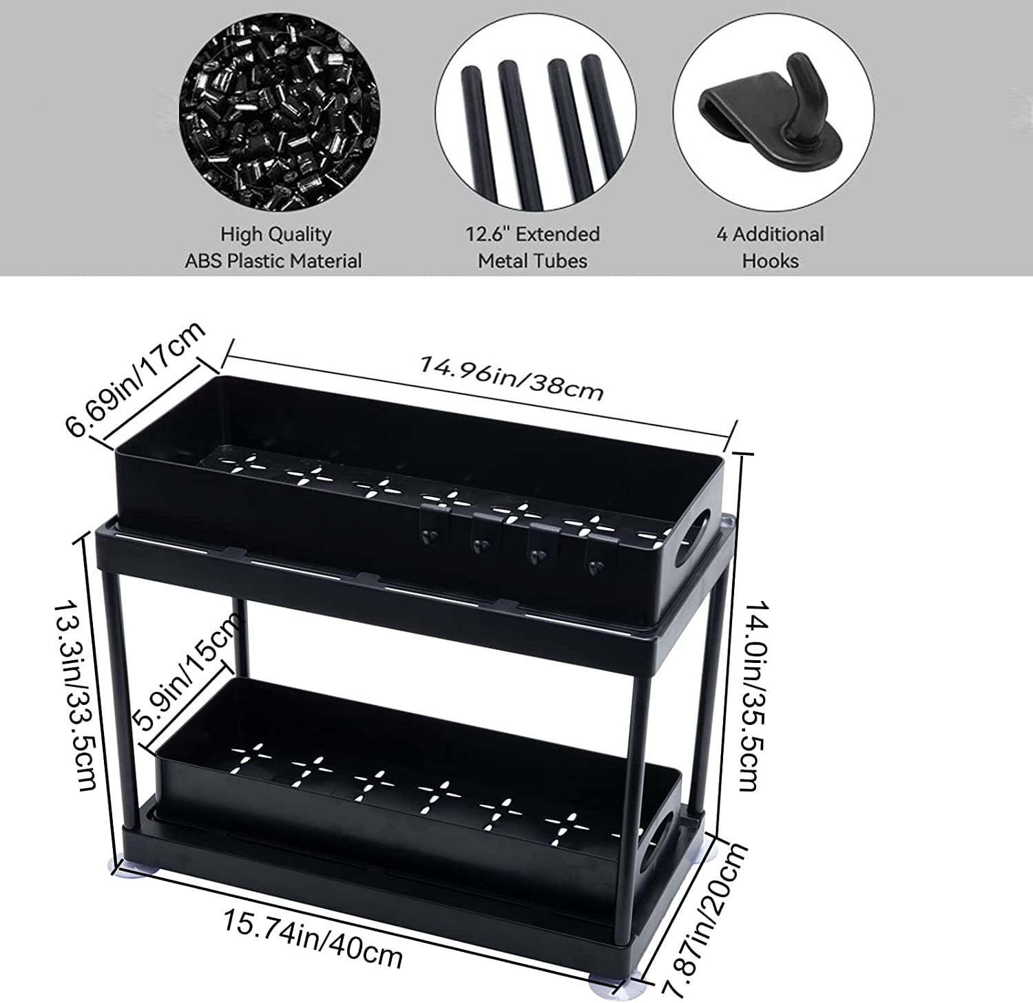 Pull Out Under Sink Cabinet Organizer, 2-Tier Sliding Storage Drawer Basket Organizer for Kitchen Bathroom with Hooks