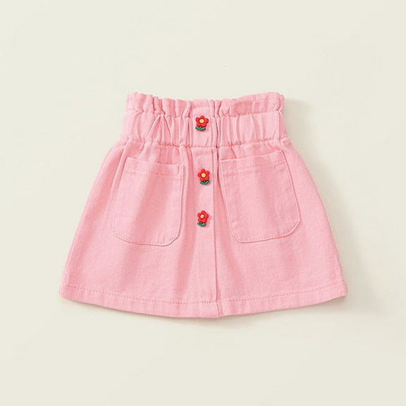 Wuxain Girls Skirts High Waist Denim Skirt With Floral Print Casual Mini Stretch Waist Pleated Short Jean Tutu Skirts For Kids Summer Dress, Pink, 12-18 Months